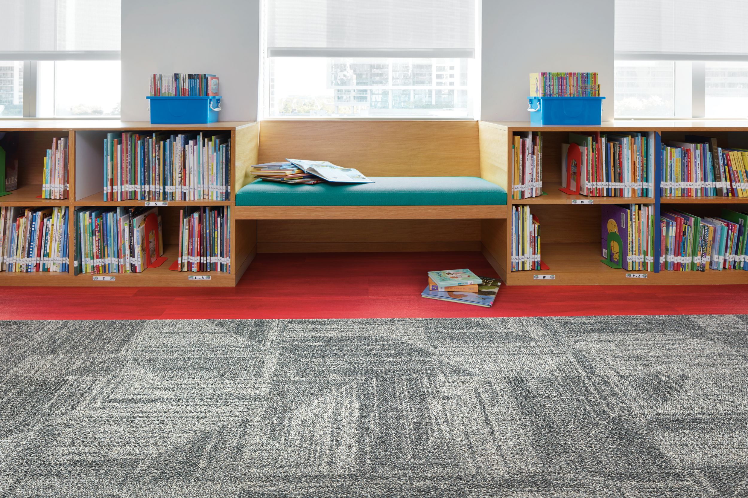 Interface Open Air 403 carpet tile in library with reading bench and childrens books image number 4